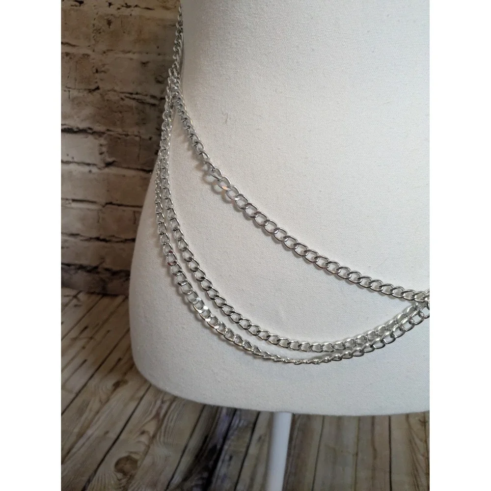 Silver Tone Chain Belt With Coin Accents Fully Adjustable Lightweight Aluminum